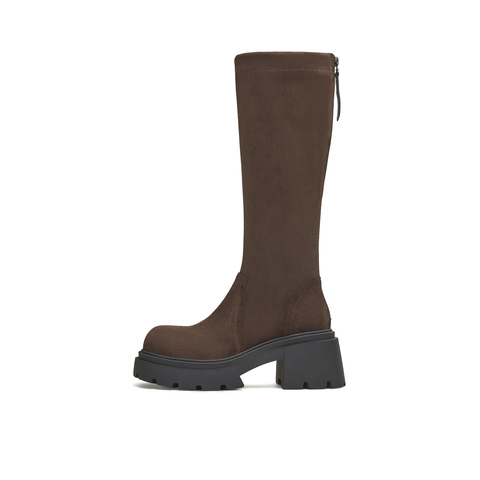 天美意2025冬新款休闲百搭纯色厚底长筒靴袜靴女弹力靴KTX17DG5