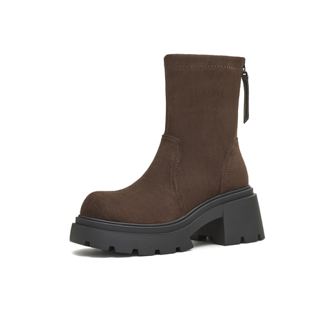天美意2025冬新款厚底百搭袜靴一脚蹬后拉链女弹力靴KNZ11DZ5