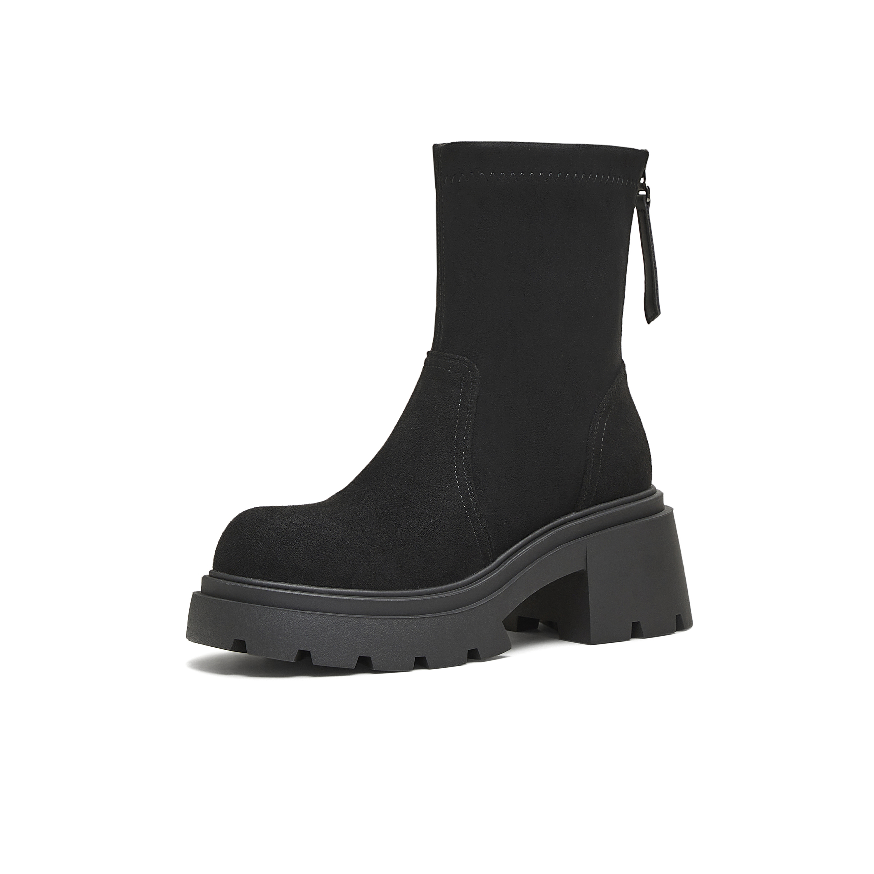 天美意2025冬新款厚底百搭袜靴一脚蹬后拉链女弹力靴KNZ11DZ5