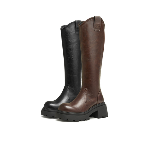 天美意2025冬新款长筒靴高靴厚底弹力靴v口女骑士靴KTX14DG5