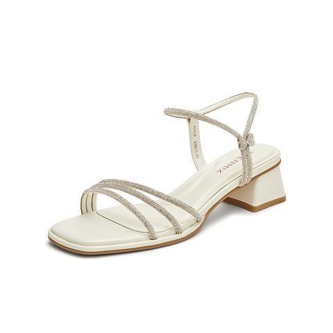 天美意2025夏新款粗跟通勤珠光时装凉鞋法式女一字带凉鞋KI012BL5