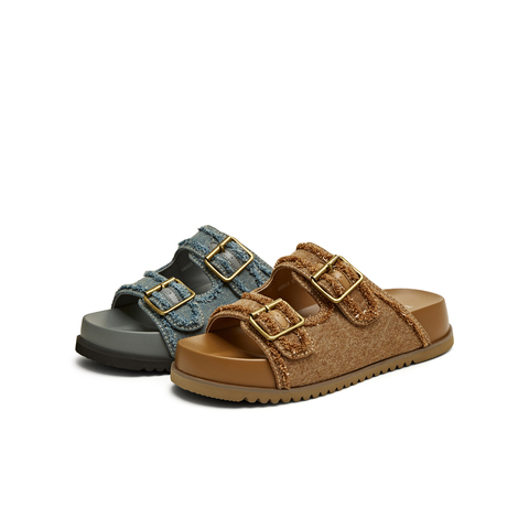 天美意2025夏新款牛仔布皮带扣休闲时尚厚底女勃肯鞋KK023BT5