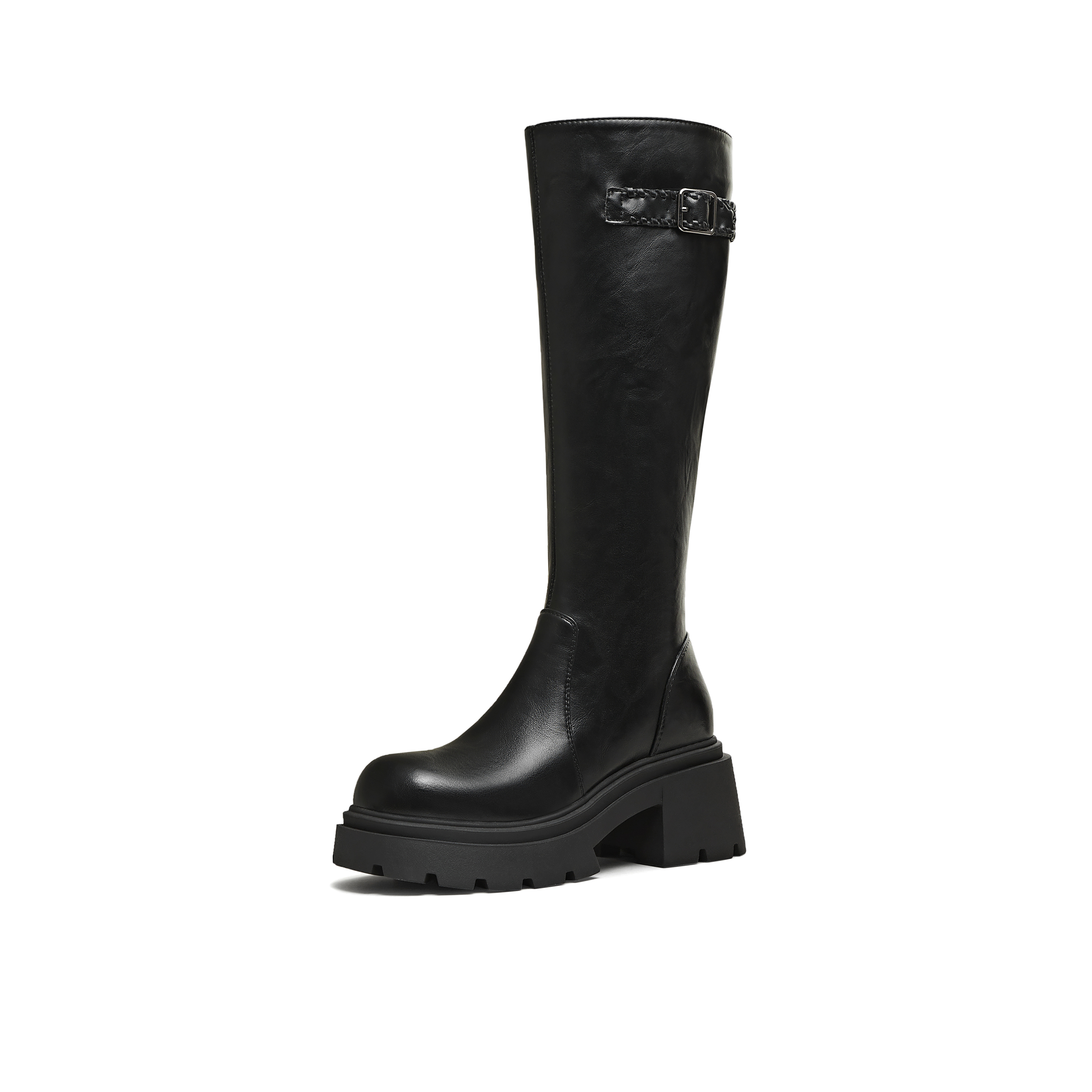 天美意2025冬新款直筒显瘦百搭厚底潮流纯色女弹力靴KTX25DG5