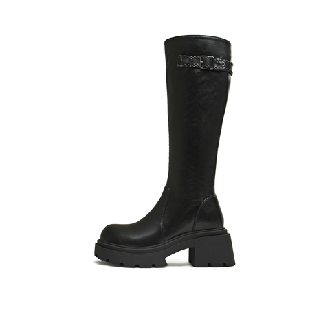 天美意2025冬新款直筒显瘦百搭厚底潮流纯色女弹力靴KTX25DG5