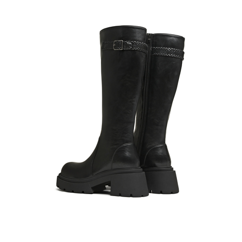 天美意2025冬新款直筒显瘦百搭厚底潮流纯色女弹力靴KTX25DG5