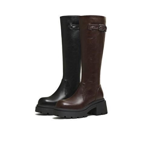 天美意2025冬新款直筒显瘦百搭厚底潮流纯色女弹力靴KTX25DG5