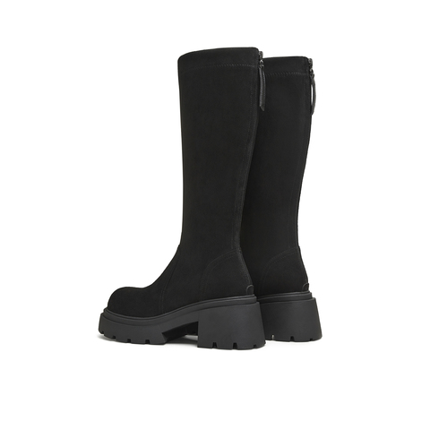 天美意2025冬新款休闲百搭纯色厚底长筒靴袜靴女弹力靴KTX17DG5