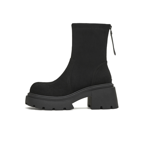 天美意2025冬新款厚底百搭袜靴一脚蹬后拉链女弹力靴KNZ11DZ5