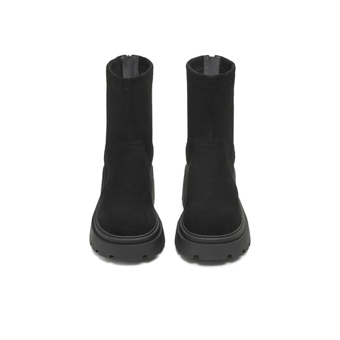 天美意2025冬新款厚底百搭袜靴一脚蹬后拉链女弹力靴KNZ11DZ5