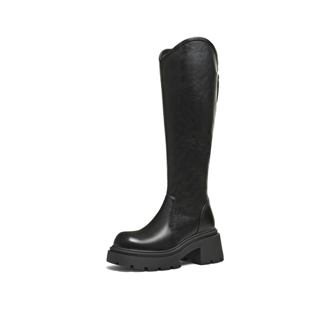 天美意2025冬新款直筒显瘦百搭厚底潮流纯色女弹力靴KTX26DG5