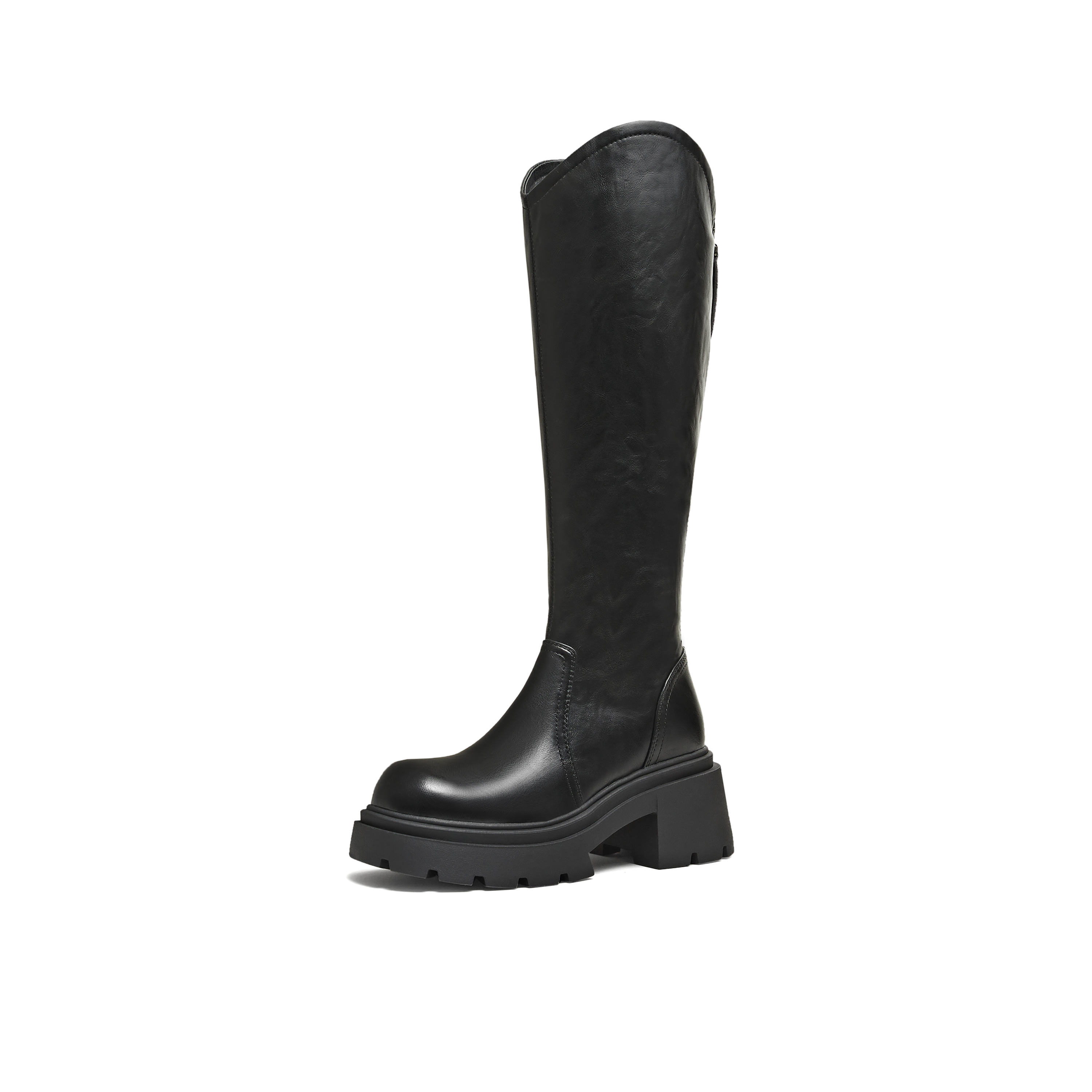 天美意2025冬新款直筒显瘦百搭厚底潮流纯色女弹力靴KTX26DG5