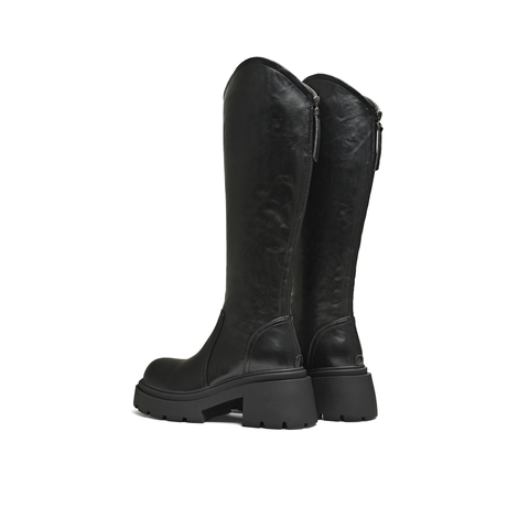 天美意2025冬新款直筒显瘦百搭厚底潮流纯色女弹力靴KTX26DG5