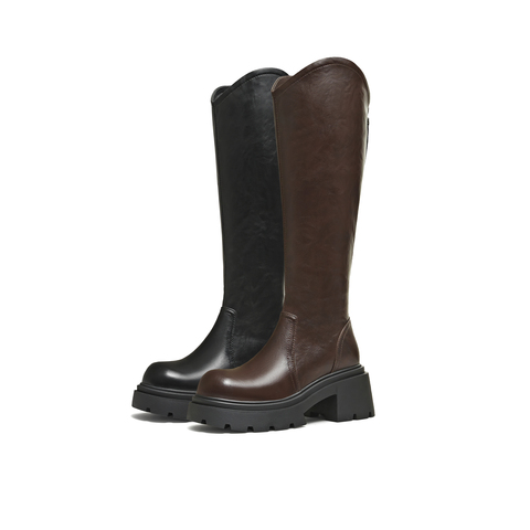 天美意2025冬新款直筒显瘦百搭厚底潮流纯色女弹力靴KTX26DG5