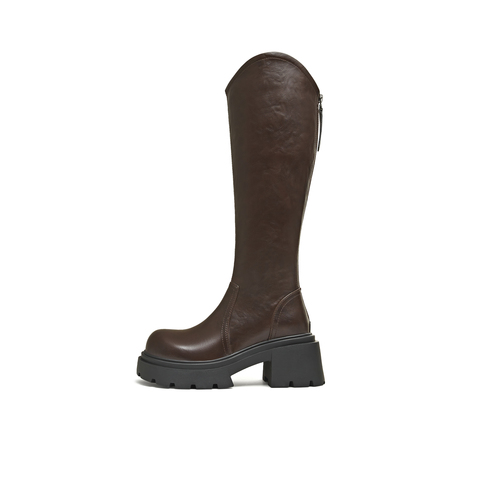 天美意2025冬新款直筒显瘦百搭厚底潮流纯色女弹力靴KTX26DG5