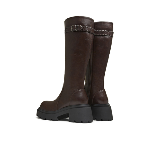 天美意2025冬新款直筒显瘦百搭厚底潮流纯色女弹力靴KTX25DG5