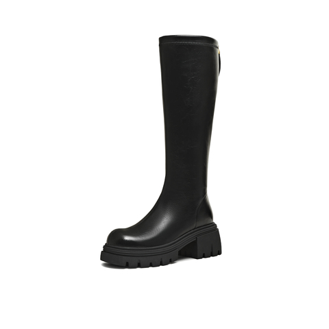 天美意2025冬新款直筒显瘦百搭厚底潮流纯色女弹力靴KTX21DG5