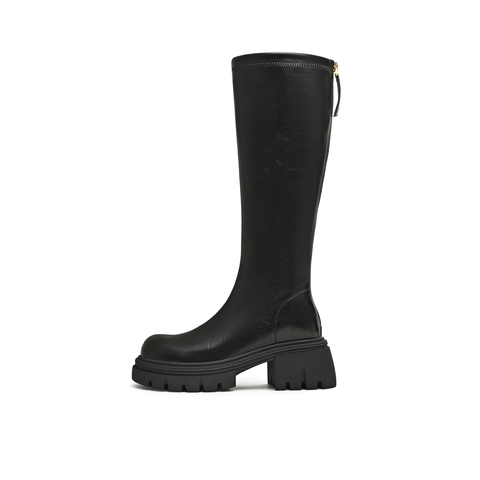 天美意2025冬新款直筒显瘦百搭厚底潮流纯色女弹力靴KTX21DG5