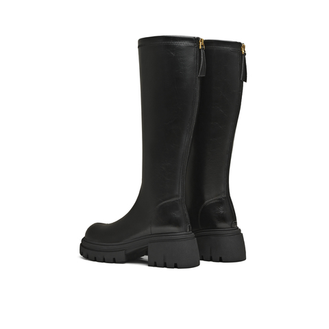 天美意2025冬新款直筒显瘦百搭厚底潮流纯色女弹力靴KTX21DG5