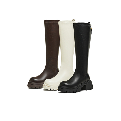 天美意2025冬新款直筒显瘦百搭厚底潮流纯色女弹力靴KTX21DG5