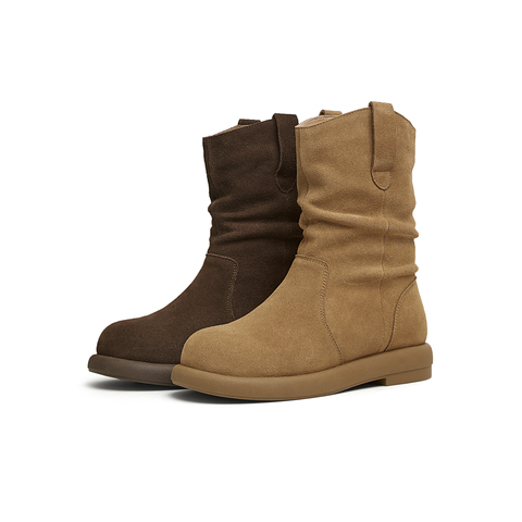 天美意2025冬新款美拉德色复古百搭户外堆堆靴女西部靴KXZ08DD5