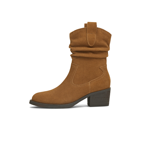 天美意2025冬新款粗跟百搭日常休闲一脚蹬女西部靴KXZ15DZ5