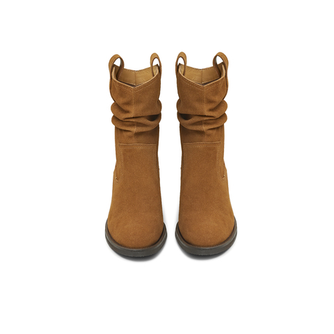 天美意2025冬新款粗跟百搭日常休闲一脚蹬女西部靴KXZ15DZ5