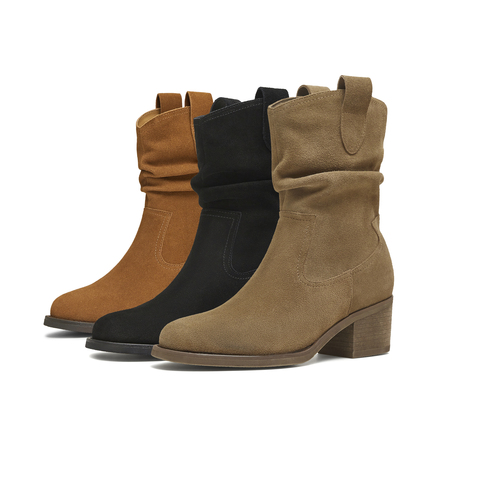 天美意2025冬新款粗跟百搭日常休闲一脚蹬女西部靴KXZ15DZ5