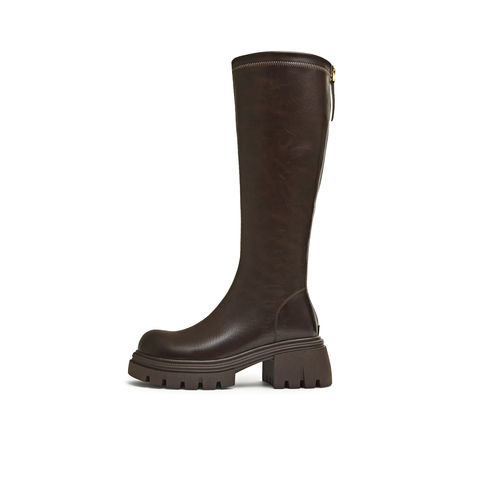 天美意2025冬新款直筒显瘦百搭厚底潮流纯色女弹力靴KTX21DG5