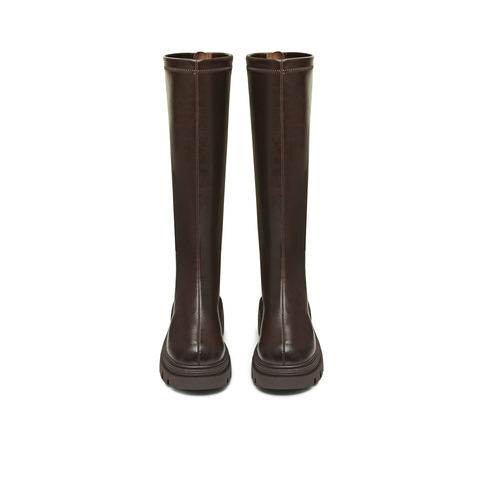 天美意2025冬新款直筒显瘦百搭厚底潮流纯色女弹力靴KTX21DG5