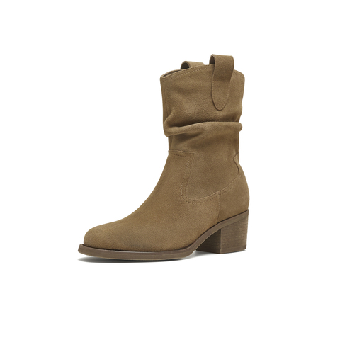 天美意2025冬新款粗跟百搭日常休闲一脚蹬女西部靴KXZ15DZ5