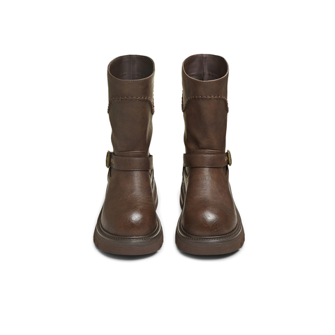 天美意2025冬新款商场同款圆头粗跟复古长靴女骑士靴BM352DZ5