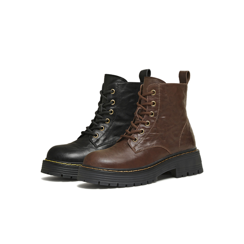 天美意2025冬新款圆头复古纯色系带户外运动女马丁靴KDX22DD5