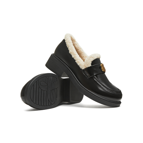 天美意2025冬新款厚底保暖英伦复古小皮鞋乐福鞋女皮鞋CNG35DM5