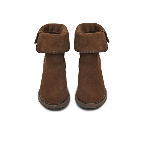 天美意2025冬新款纯色百搭复古翻短靴堆堆靴户外女西部靴KXZ17DZ5