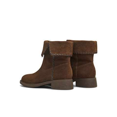 天美意2025冬新款纯色百搭复古翻短靴堆堆靴户外女西部靴KXZ17DZ5