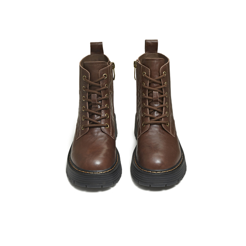 天美意2025冬新款圆头复古纯色系带户外运动女马丁靴KDX22DD5