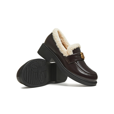 天美意2025冬新款厚底保暖英伦复古小皮鞋乐福鞋女皮鞋CNG35DM5