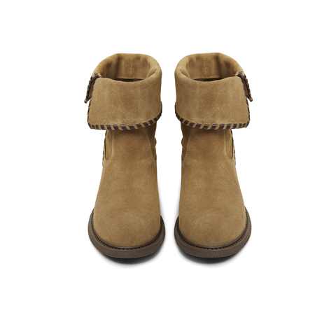 天美意2025冬新款纯色百搭复古翻短靴堆堆靴户外女西部靴KXZ17DZ5