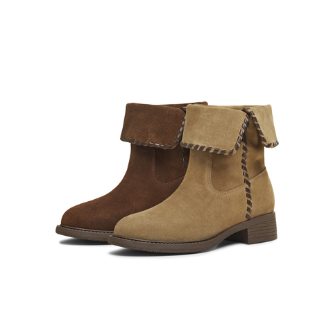 天美意2025冬新款纯色百搭复古翻短靴堆堆靴户外女西部靴KXZ17DZ5