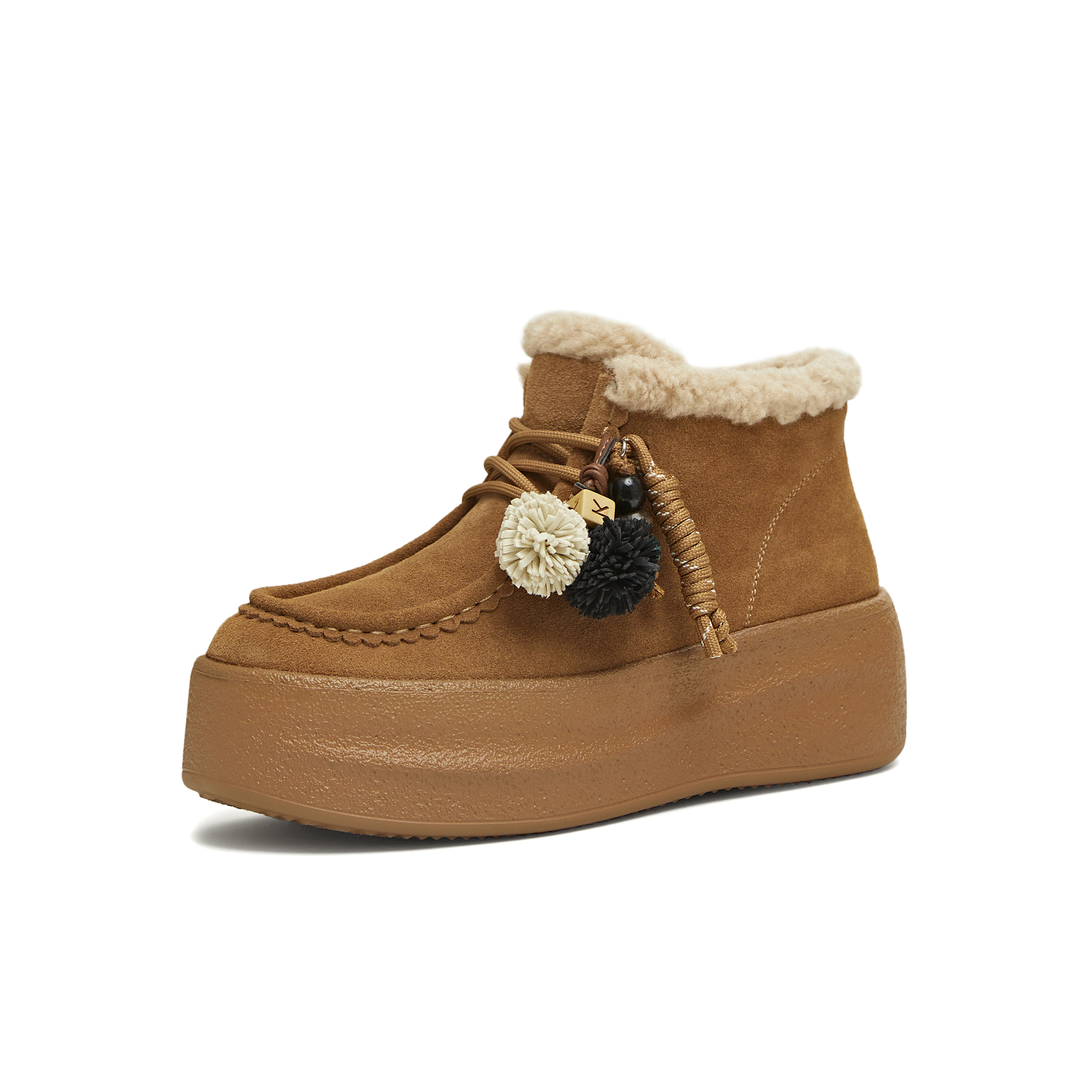 天美意2025冬新款保暖短靴复古挂饰纯色厚底女雪地靴KXD62DM5