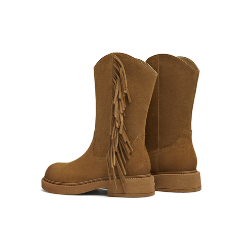 天美意2025冬新款商场同款流苏纯色百搭复古女西部靴CD564DS5