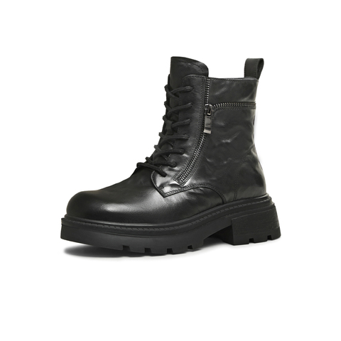 天美意2025冬新款圆头复古纯色系带通勤上班女马丁靴KDX27DD5