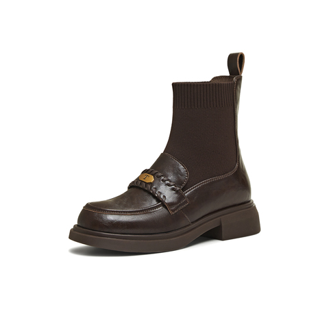 天美意2025冬新款厚底百搭短靴一脚蹬显瘦百搭女袜套靴KFZ05DD5