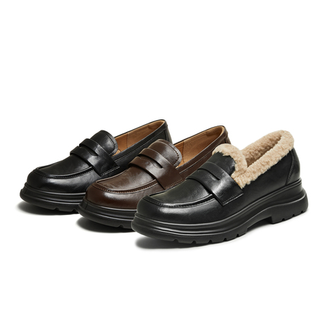 天美意2025冬新款厚底百搭纯色jk风小个子女乐福鞋KE079DM5