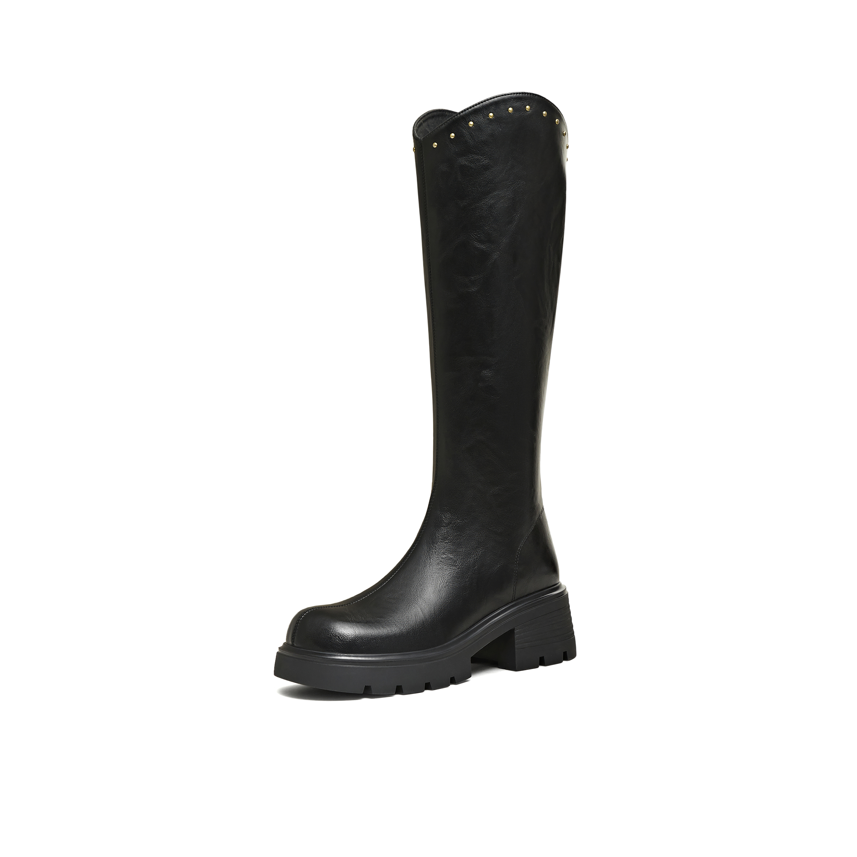 天美意2025冬新款直筒显瘦百搭厚底潮流纯色女骑士靴BM031DG5