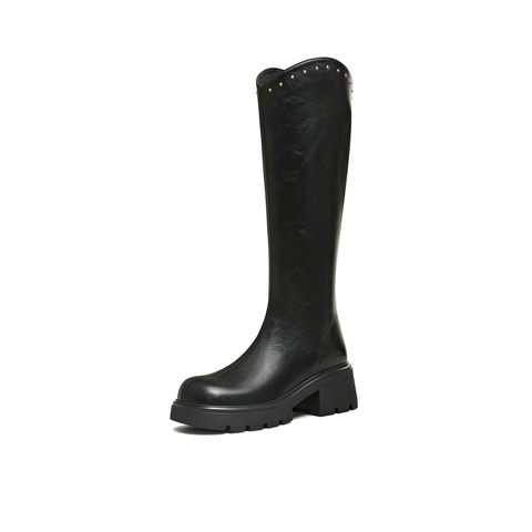 天美意2025冬新款直筒显瘦百搭厚底潮流纯色女骑士靴BM031DG5