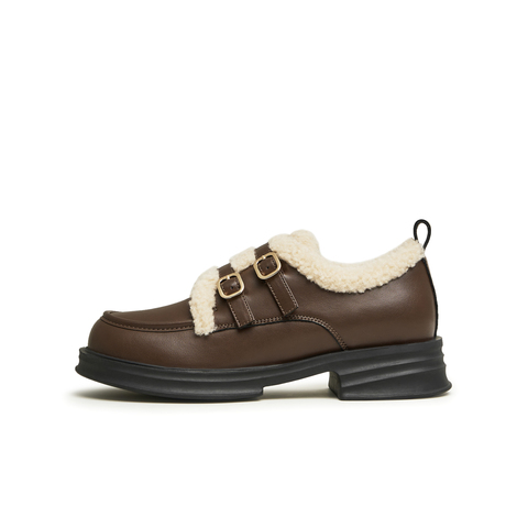 天美意2025春新款商场同款保暖英伦风皮鞋毛毛鞋女单鞋BI071AM5