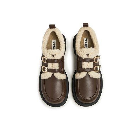 天美意2025春新款商场同款保暖英伦风皮鞋毛毛鞋女单鞋BI071AM5