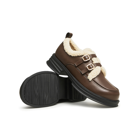 天美意2025春新款商场同款保暖英伦风皮鞋毛毛鞋女单鞋BI071AM5