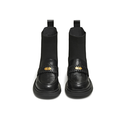 天美意2025冬新款厚底百搭短靴一脚蹬显瘦百搭女袜套靴KFZ05DD5